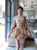 [Removable Shoulder Strap With Anti-Slip Strip] French Beautiful Flower Princess Short Dress Summer New Floral Rib Dress