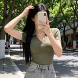 Spice Girls Slime V-Neck Short-Sleeved T-Shirt For Girls Summer Design Collar Short-Lens Thin Black Bottom Top Tide