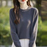 Wool Blended 2026 Autumn And Winter New Women's Round Neck Nails Loose Long-Sleeved Jacket Short Knitted Sweater Bottom Shirt