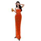 Thailand Sanya Seaside Holiday Orange Hollow Lace Bag Folded Pure Sexy Dress Beach Dress