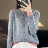 Fine-Woven Wool 2026 Autumn And Winter Women's New Loose Round-Neck Color Short Fake Two Bottom Blouse Knitted Open Shirt