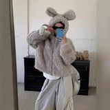 Cute Rabbit Ear Imitation Fur Short Hooded Plush Coat Women Winter Loose Plus Lazy Hairy Fur Coat