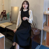 Fat MM Temperament Long Over-The-Knee Skirt Large Size Early Autumn French Retro Splicing Fake Two Waist Dress Woman
