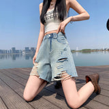 Hole-Breaking Five-Point Denim Shorts Women's Summer Thin Loose High Street Beggars 5 Points Straight Casual Trousers