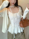 Sweet Style Long-Sleeved Shirt Coat Women's New Autumn With Wave Dot Lace Side Sling Two Sets Of Tops
