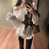 Lazy Wind Black Hoodie Design Feels Shoulder Long-Sleeved T-Shirt Women's Spring Small Loose Drawstring Strapping