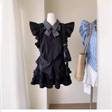 College Style Small Flying Sleeve Bow Striped Shirt Female Summer Design Sense Small Poneng Short Skirt Two Sets