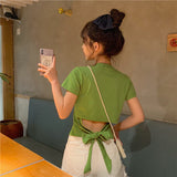 Design Sense Short-Sleeved T-Shirt Women's Summer 2025 New Korean Version Of Pure-Bout Hot Girl Bare Back Bow Short Top Tide