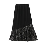 Fishtail Skirt Autumn And Winter Velvet Splicing Lin Apparent Black Dress Dress Girl J530