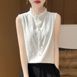Silk Velvet 2026 Spring And Summer New Women's Wooden Ear Collar Buckle Sleeveless Knitted Bottom Shirt Short-Sleeved Vest