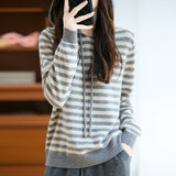 100% Pure Wool 2026 Autumn And Winter New Women's Loose Hooded Hooded Striped Knitted Sweater