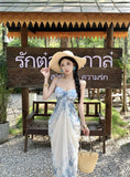 French Pure Blue And White Porcelain Holiday Style Dress Temperament Waist Thin Sling Skirt Screen Printing Seaside Dress