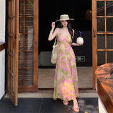 Thailand's Yunnan Xishuangbanna Holiday Style Print Hanging Neck Hanging Dress Women's Island Beach To Take Pictures Of Long Skirts