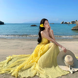 Yunnan Seaside Holiday Style Dress Women Summer Seaside Temperament Hanging Back Yellow Dopamine Dress
