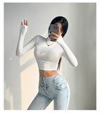 Pure Hot Girl Half-High Collar Shoulder Long-Sleeved T-Shirt Autumn And Winter New Side-Waist Folded Elastic Repair Shirt Short