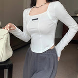 Design Sense Collar Fish Bone Shoulder Long Sleeve Bottom Shirt In Autumn New Korean Version Slim Thin Short Top
