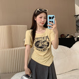 Positive Shoulder Short Sleeve T-Shirt Women's Summer 2026 New Fat MM Irregular Design Printing Thin Top