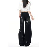 Black Star Print Wide-Legged Scissors Jeans Women Autumn New Niche Design Sense Loose Water Wash Trousers