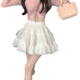 Lace Cake A-Word Skirt Summer 2026 New Ballet Style High-Waist White Mesh Thorny Skirt Girl Trendy
