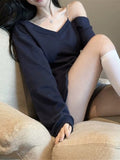 Irregular Opening Fork Inclined Shoulder Long-Sleeved T-Shirt Girl Spring Pure Desire A Word Shoulder-To-Shoulder Shirt Inside The Shoulder Jacket