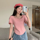 Positive Shoulder Short-Sleeved T-Shirt Women Simple Design Sense Of Summer Pure Wind Irregular Square Collar Showing Thin Sweet Short Blouse