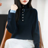 Wool Blending 2026 Autumn And Winter New Lady Loose Semi-High-Collar French Style Hit-And-Fleet Two-Piece Bottom Knitting Shirt
