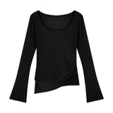 White Micro-Permeable U-Neck Long Sleeve Sunscreen T-Shirt Girl Summer Body Irregular Open Fork Inside The Bottom Shirt Shirt Top