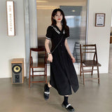 Navy Collar Dress Women's Summer Loose Long And Short Waists Thin A-Word Dress Retro Bubble Sleeves Small Black Dress