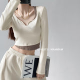 Designing A Hottie Fake Two-Piece Color Small V-Neck Long-Sleeved T-Shirt Girl Autumn Slim Thin Short-Num Chic Top