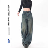 Nostalgic Retro Broad-Legged Jeans Women's Loose High-Waist Spring And Autumn 2025 New Vertical Tug Trousers