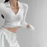 Spice Girl Sexy V-Neck Elastic Slim Slim Polo Shirt Retro Spring And Autumn Long-Sleeved Thread Bottom T-Shirt Top
