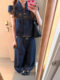 Summer New Korean Wears A Complete Set Of Denim Shirt Tops Short-Sleeved Women's Casual Broad Leg Pants Academy Style Suit