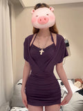 Purple Sexy Short-Sleeved Dress Women Summer Folds Design Small Pure Babes To Collect Thin Bag Of Hips