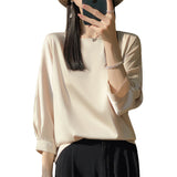 Silk Satin 2026 Spring And Summer Women's New Round Collar Loose Temperament T-Shirt Seven-Sleeve Solid Color Simple Match Cloth