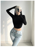 Pure Hot Girl Half-High Collar Shoulder Long-Sleeved T-Shirt Autumn And Winter New Side-Waist Folded Elastic Repair Shirt Short