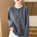 Wool Blended 2026 Autumn And Winter New Round Collar Short Solid Color Thick Shoulder Sleeve Star Buckle Knitted Cardigan Sweater