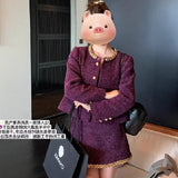 Rich Family Gold Purple Little Fragrant Style Dress Women Autumn And Winter High-End Short Coat Temperament Two Sets