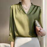 Silk Satin 2026 Summer Women's New Short Satin Shirt V Collar Simple Nine-Sleeve Temperament Match French Top