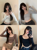 Small Tight Long-Sleeved Design Feel Bottom-Up Shirt Open Pavelette Wearing Hot Girl Short Top Girl Spring And Autumn Kaqi Color T-Shirt