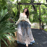 Yunnan Dali Thailand Tourism French Pure Lust Lace Splicing Top Women Summer Vintage Printed Holiday Dress Set