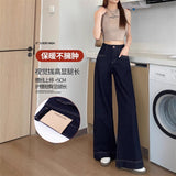 Denning Color Plus Velvet Broad-Legged Jeans Women's Autumn And Winter Loose Crotch Thickening Warm Not Bloated Lamb Straight Trousers