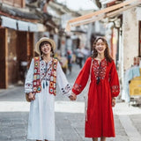 Ethnic Cotton Dress Women's Vacation Tourism Sunscreen Long Sleeves Long Skirt Art Embroidery Waist Dress