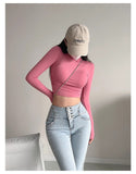 Pure Hot Girl Half-High Collar Shoulder Long-Sleeved T-Shirt Autumn And Winter New Side-Waist Folded Elastic Repair Shirt Short