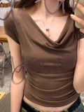 French Top Fashion Design Collar A Word Shoulder T-Shirt Short-Sleeved Girl Summer Repair Hot Girl Tight Shoulder Short