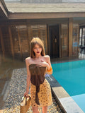 Thai Hottie Island Resort Style Wearing Brown Sexy Bra Strapped Dress Retro Wave Half Skirt Set