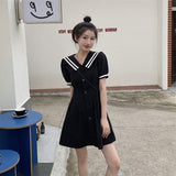 Navy Collar Dress Women's Summer Loose Long And Short Waists Thin A-Word Dress Retro Bubble Sleeves Small Black Dress