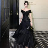 Hepburn Style Black Shoulder Dress French High-End Feeld With The Fasc Moaf Side Dress Temperament Waist Banquet Dress