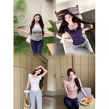 Grey Double Wooden Ear U Collar Small Flying Sleeve T-Shirt Women's Spring Design Sense Slimming Straight Shoulder Coat