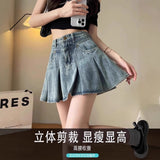 Cowboy 100 Folded Skirt Woman Summer High Waist Thin A Short Skirt Casual Anti-Walking Half Skirt Shading Skirt