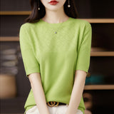 Wool Blending 2026 Autumn And Winter New Women's Round Collar Collar Drawing Solid Color Hollow Top Five-Sleeve Knitted Shirt